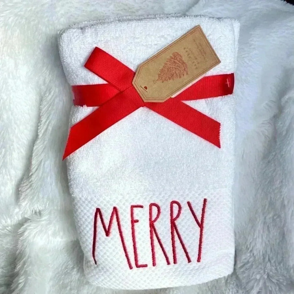 NEW - SET of 2 - MERRY - Rae Dunn - White with Red Embroidering Hand Towel SET - Picture 5 of 7